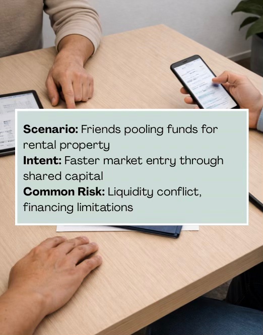 Two people discussing financial strategies for pooling funds for rental property, with phones and notes on a wooden table.