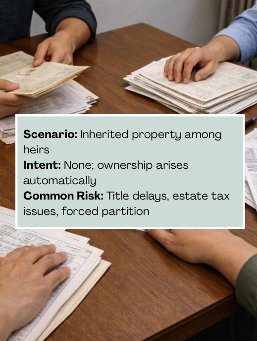 Close-up of hands discussing documents related to inherited property, with text highlighting risks and intents.