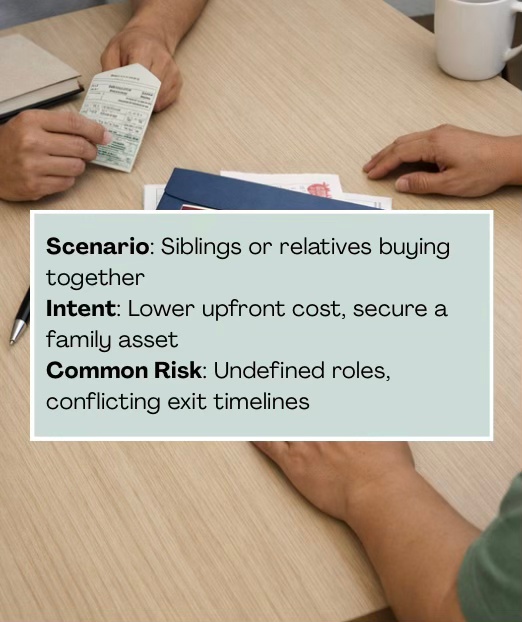 Two people seated at a table discussing a document related to a property purchase, with notes and a coffee cup visible.