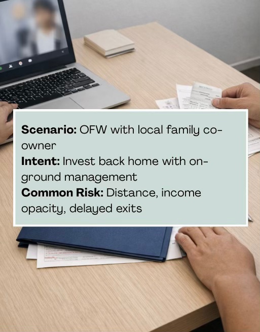 Close-up of a wooden table with hands interacting over a laptop during a video call. Documents and a blue folder are visible, detailing investment strategies for Overseas Filipino Workers (OFWs) with a local co-owner.
