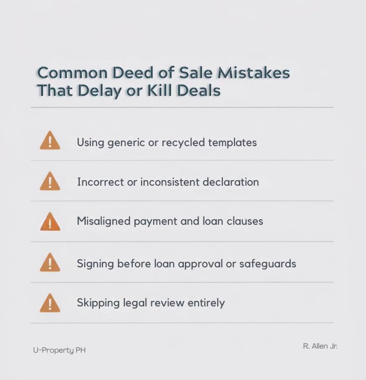 Checklist graphic highlighting common Deed of Sale mistakes that delay or derail Philippine property transactions.