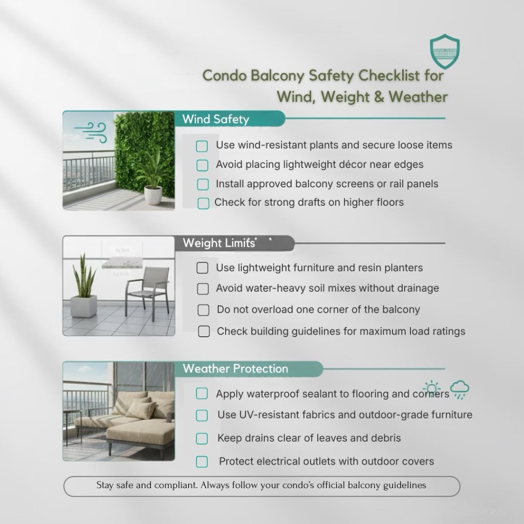 A visually appealing condo balcony safety checklist covering wind, weight, and weather protection tips, featuring images of plants, furniture, and balcony elements.
