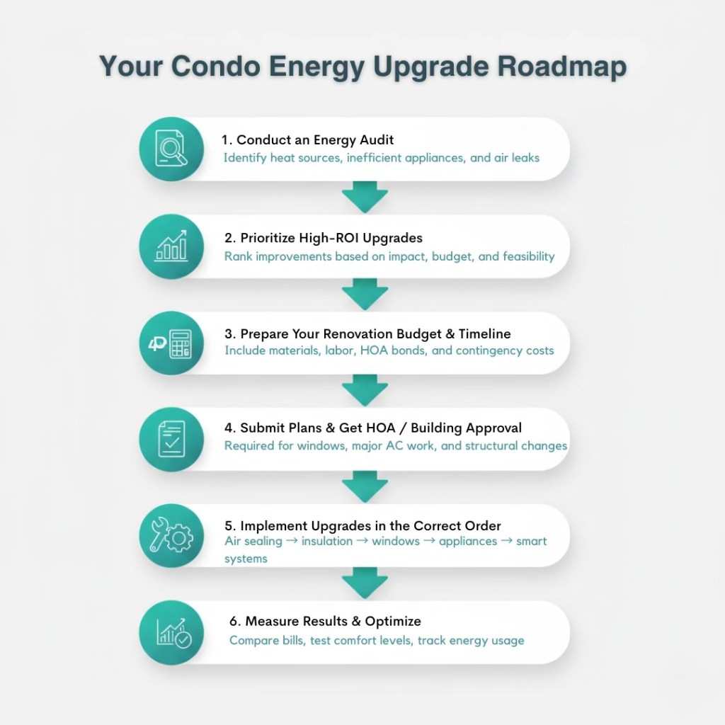 An infographic detailing the steps for a condo energy upgrade roadmap, including conducting an energy audit, prioritizing upgrades, preparing a budget, obtaining HOA approval, implementing upgrades in the correct order, and measuring results.