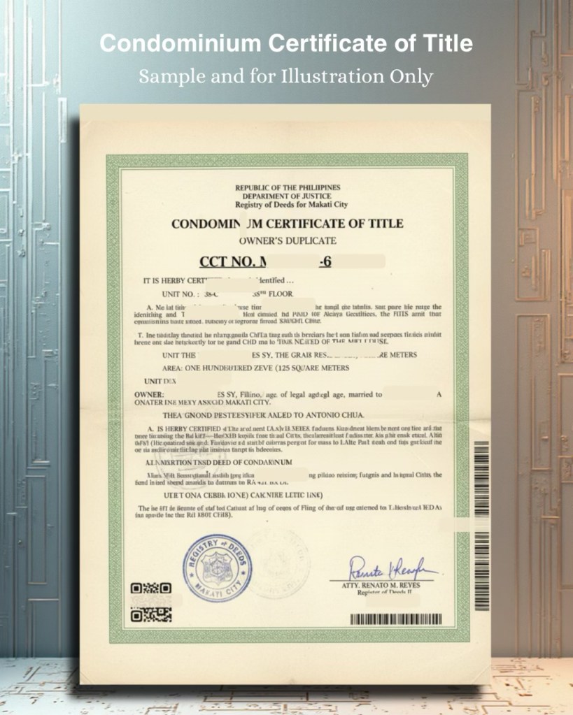 A sample Condominium Certificate of Title (CCT) from the Philippines, displaying ownership details and legal information for a particular unit.