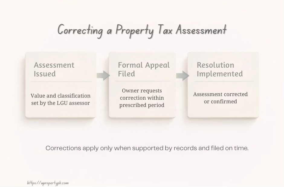 An infographic explaining the process of correcting a property tax assessment, including three steps: 'Assessment Issued', 'Formal Appeal Filed', and 'Resolution Implemented'.