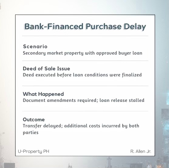 Graphic explaining a bank-financed purchase delay, detailing the scenario, deed of sale issue, what happened, and the outcome.