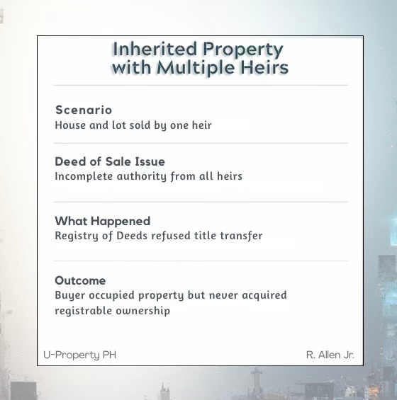 Infographic detailing issues related to inherited property with multiple heirs, including scenario, deed of sale issue, what happened, and outcome.