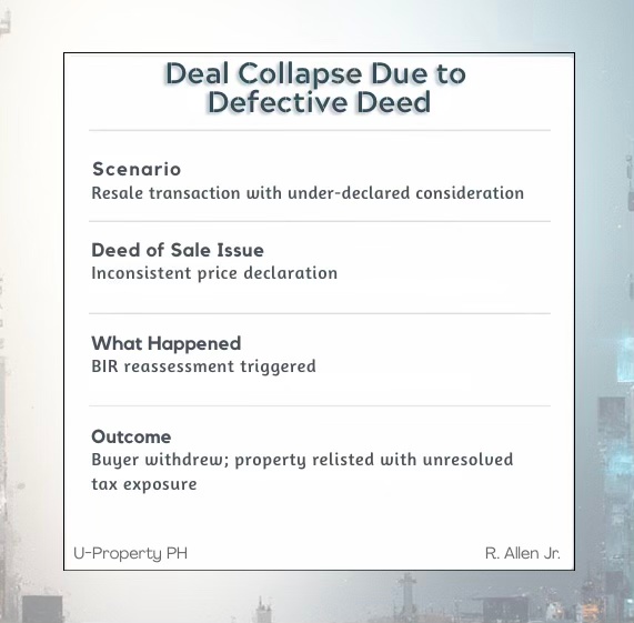 Infographic titled 'Deal Collapse Due to Defective Deed' outlining a real estate scenario, including sections on the scenario, deed of sale issue, what happened, and the outcome.