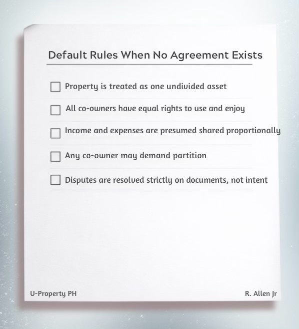 Image of a document listing default rules for property co-ownership without an agreement, including treatment as a single asset, equal rights to co-owners, shared income and expenses, partition demands, and dispute resolution based on documentation.
