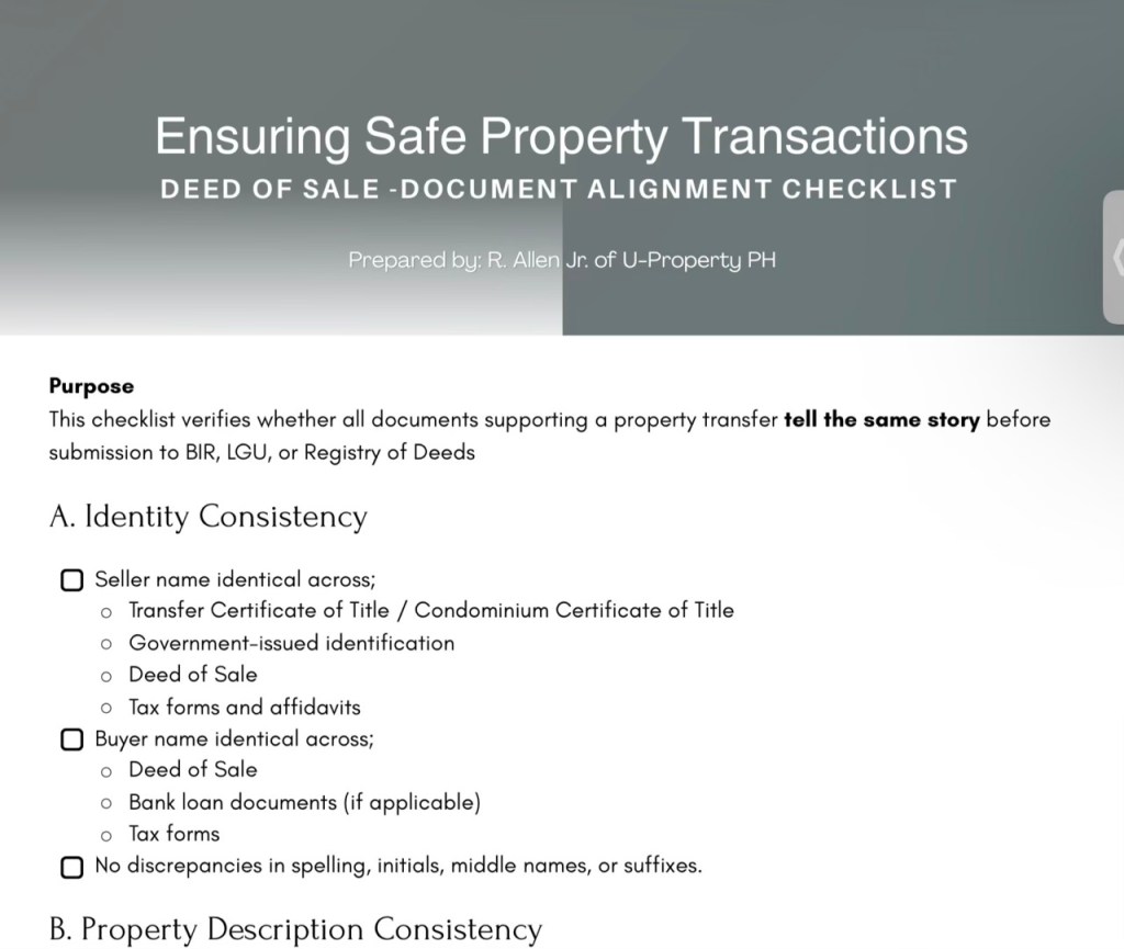 A checklist titled 'Ensuring Safe Property Transactions Deed of Sale - Document Alignment Checklist' outlining the requirements for identity and property description consistency in property transfer documents.