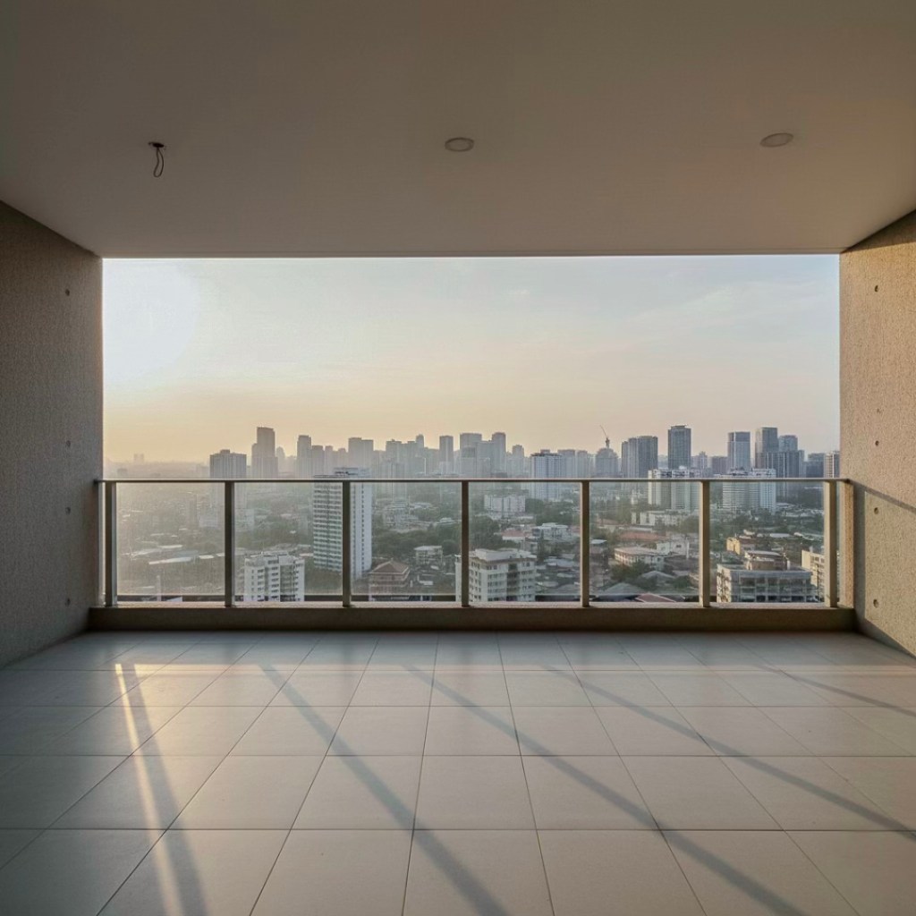 View from a balcony overlooking a city skyline during sunset, with a spacious, empty patio area.