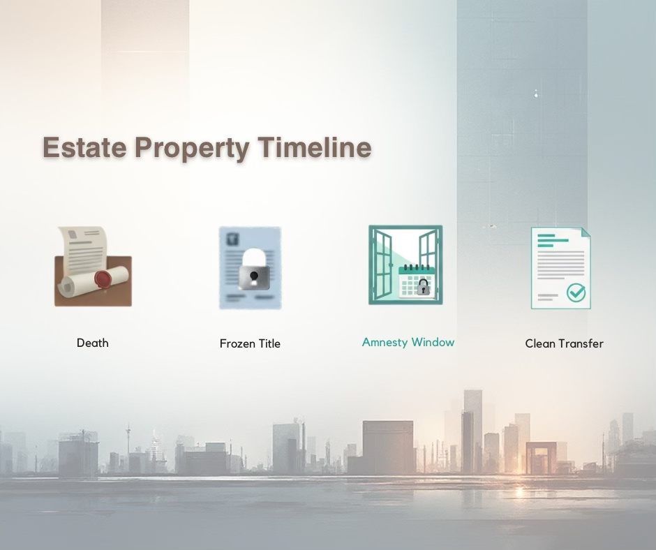 Infographic illustrating the timeline for estate property: stages include 'Death', 'Frozen Title', 'Amnesty Window', and 'Clean Transfer', set against a city skyline background.