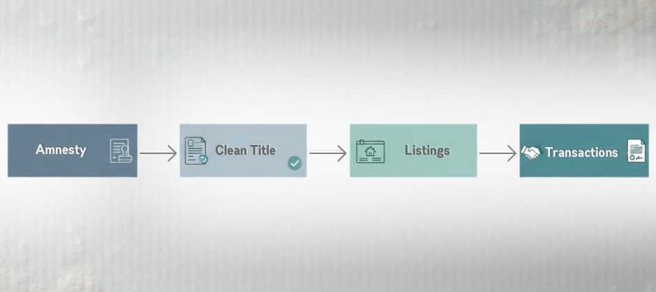 Diagram showing how estate tax amnesty leads to clean property titles, increased listings, and more real estate transactions in the Philippines.
