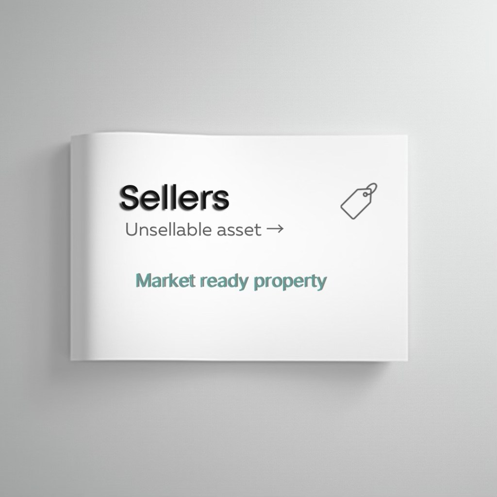 Graphic showing the terms 'Sellers', 'Unsellable asset', and 'Market ready property' with an icon of a price tag.