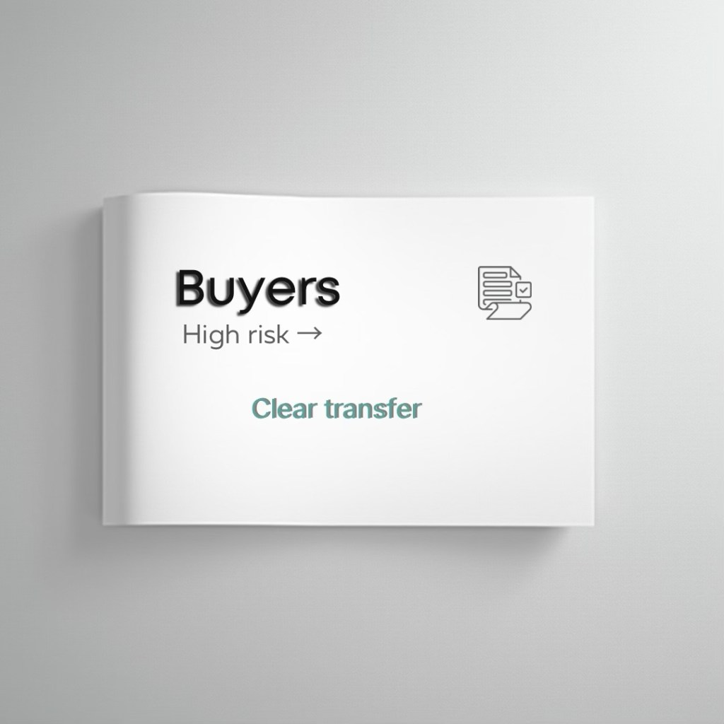 Graphic displaying the text 'Buyers High risk' and 'Clear transfer' with an icon representing documentation.