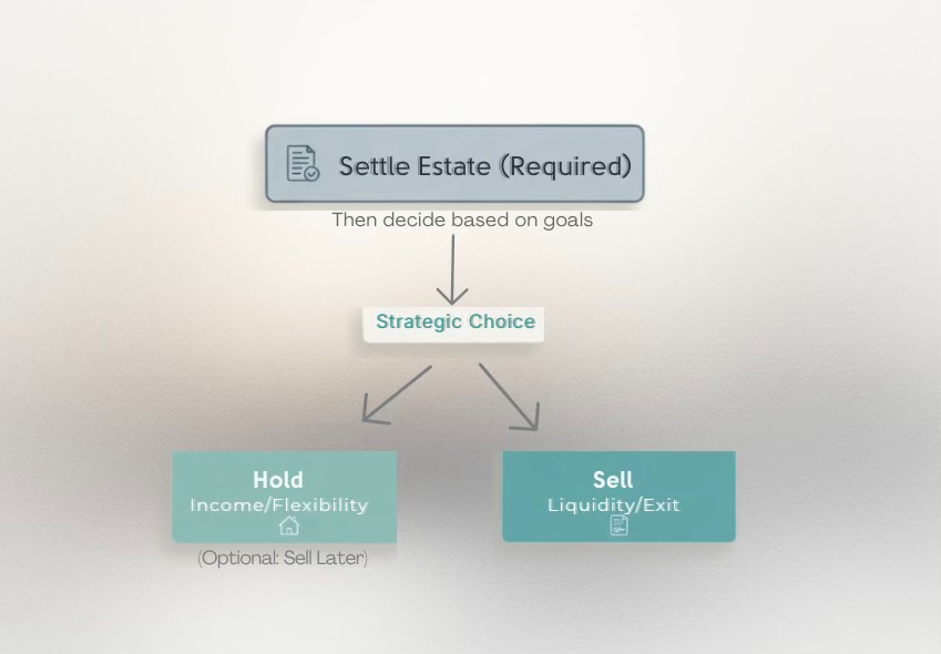 Flowchart illustrating the decision-making process for settling an estate, featuring options to 'Hold' for income/flexibility or 'Sell' for liquidity/exit under a strategic choice.