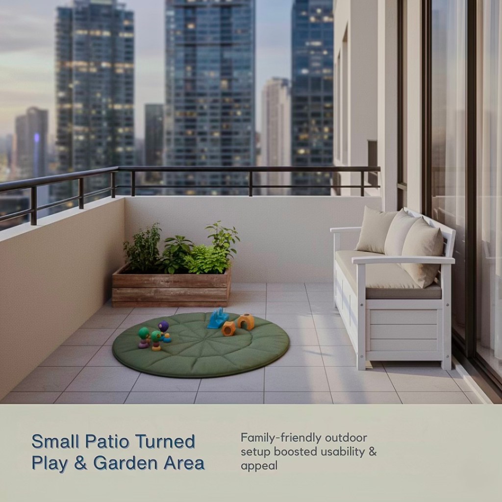 Small patio transformed into a family-friendly play and garden area featuring a green mat, colorful toys, and a wooden planter with plants.