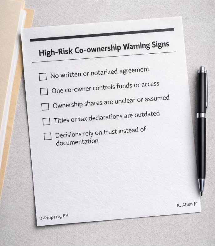 A list titled 'High-Risk Co-ownership Warning Signs' on a white sheet of paper, featuring checkboxes for five warning signs related to co-ownership agreements, with a pen beside it.