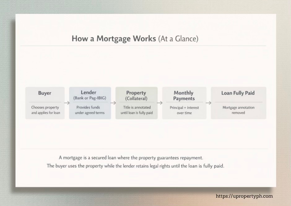 Diagram explaining the mortgage process, including steps for buyer, lender, property, monthly payments, and loan payoff.