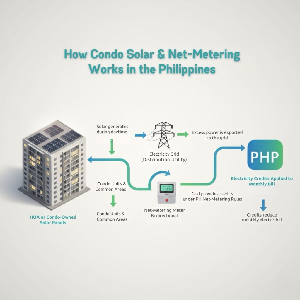 An illustration showing how solar energy and net metering function for condominiums in the Philippines, including solar panels on a building, electricity transfer to the grid, and how credits reduce monthly electricity bills.