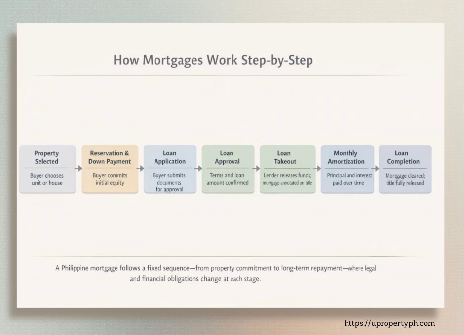 A flowchart illustrating the step-by-step process of how mortgages work, including stages such as Property Selected, Reservation & Down Payment, Loan Application, Loan Approval, Loan Takeout, Monthly Amortization, and Loan Completion.