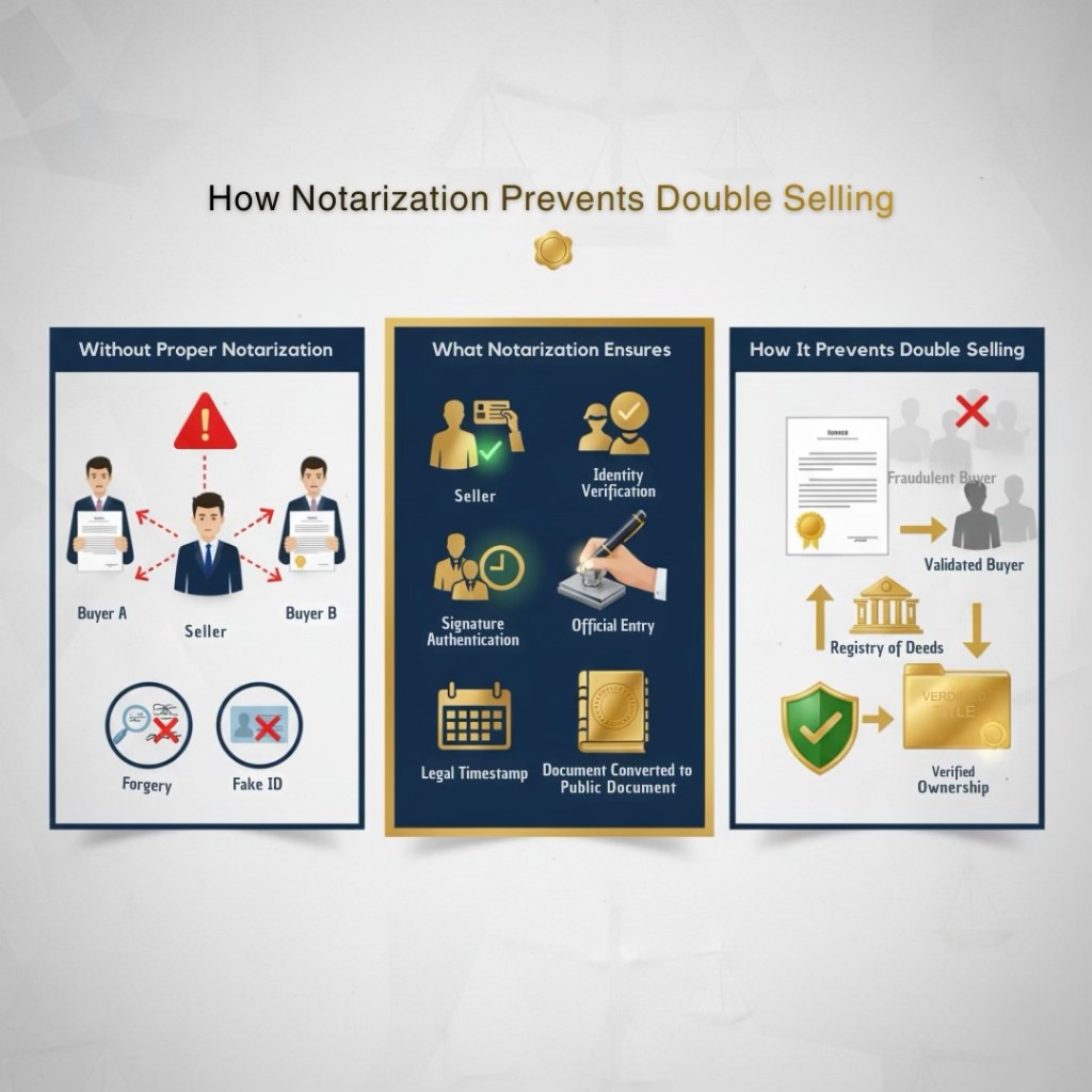 An infographic illustrating the importance of notarization in preventing double selling in real estate transactions. It shows three sections: on the left, the risks of not having proper notarization, including forgery and fake IDs; in the center, the benefits of notarization, such as seller identity verification, signature authentication, and legal timestamp; and on the right, the steps on how notarization prevents double selling by validating ownership through the Registry of Deeds.