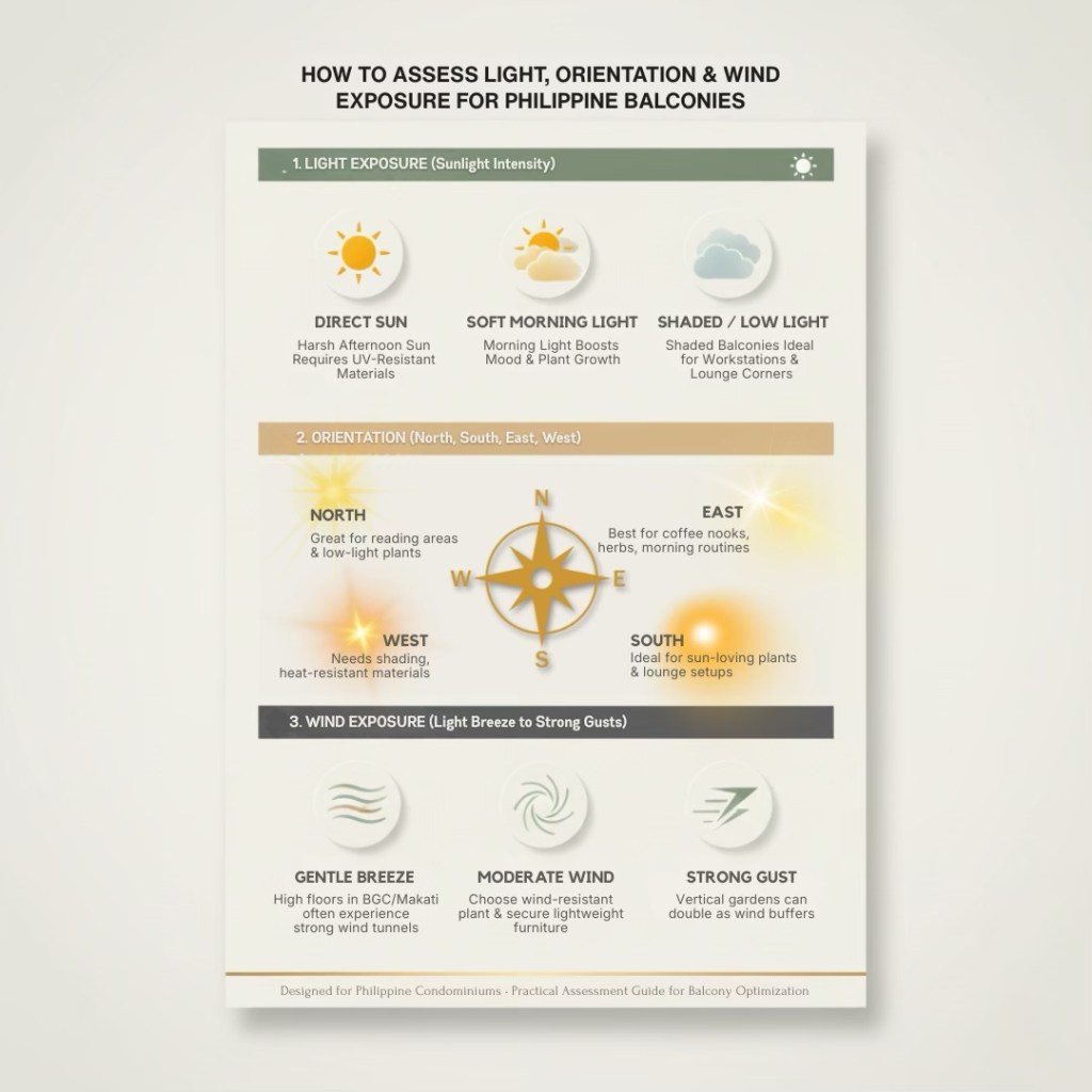 Infographic on assessing light, orientation, and wind exposure for Philippine balconies. Includes sections on sunlight intensity, orientation by cardinal directions, and wind exposure categories.
