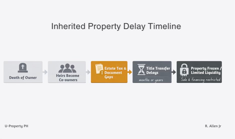 Timeline showing how inherited property in the Philippines becomes delayed due to estate tax and title transfer issues