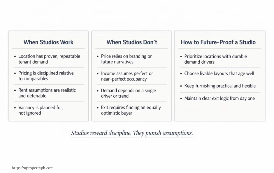Landscape key takeaway cards summarizing when studio condominiums work, when they don’t, and how to future-proof studio investments in the Philippines.