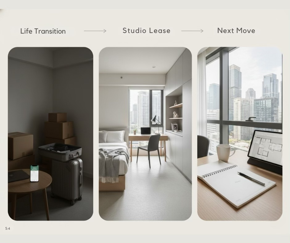 A three-part visual showing the transition from a cluttered space with moving boxes to a modern studio condo featuring a clean, well-lit workspace and a view of the city skyline.