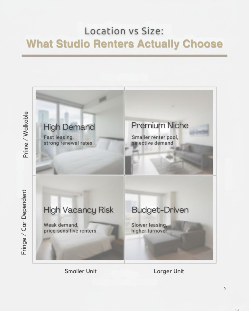 A visual chart comparing location and size preferences for studio renters, categorized into four quadrants: high demand, premium niche, high vacancy risk, and budget-driven, illustrating the impact of location on leasing dynamics.