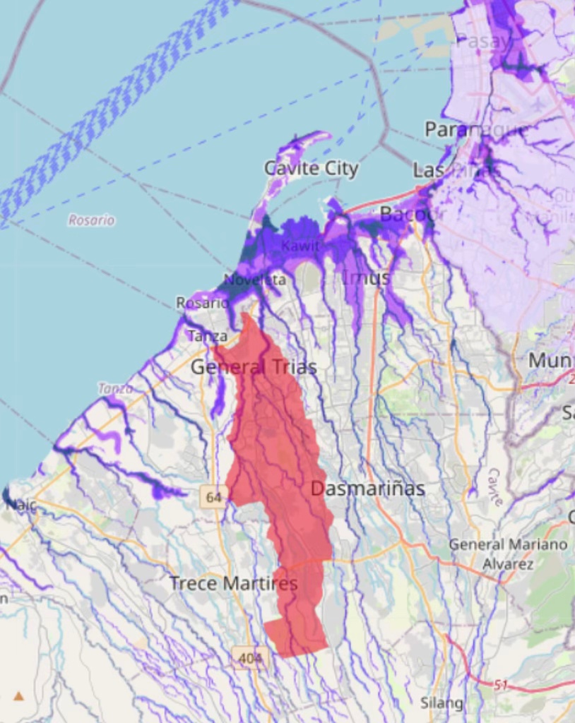Map highlighting the geographical boundaries of General Trias in Cavite, Philippines, showing its location in relation to surrounding cities and major roads.