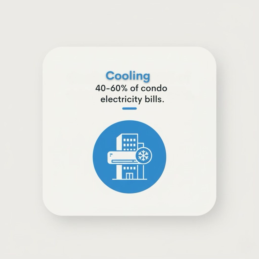 An infographic that emphasizes cooling accounts for 40-60% of electricity bills in condominiums, featuring an illustration of a building with an air conditioning unit.