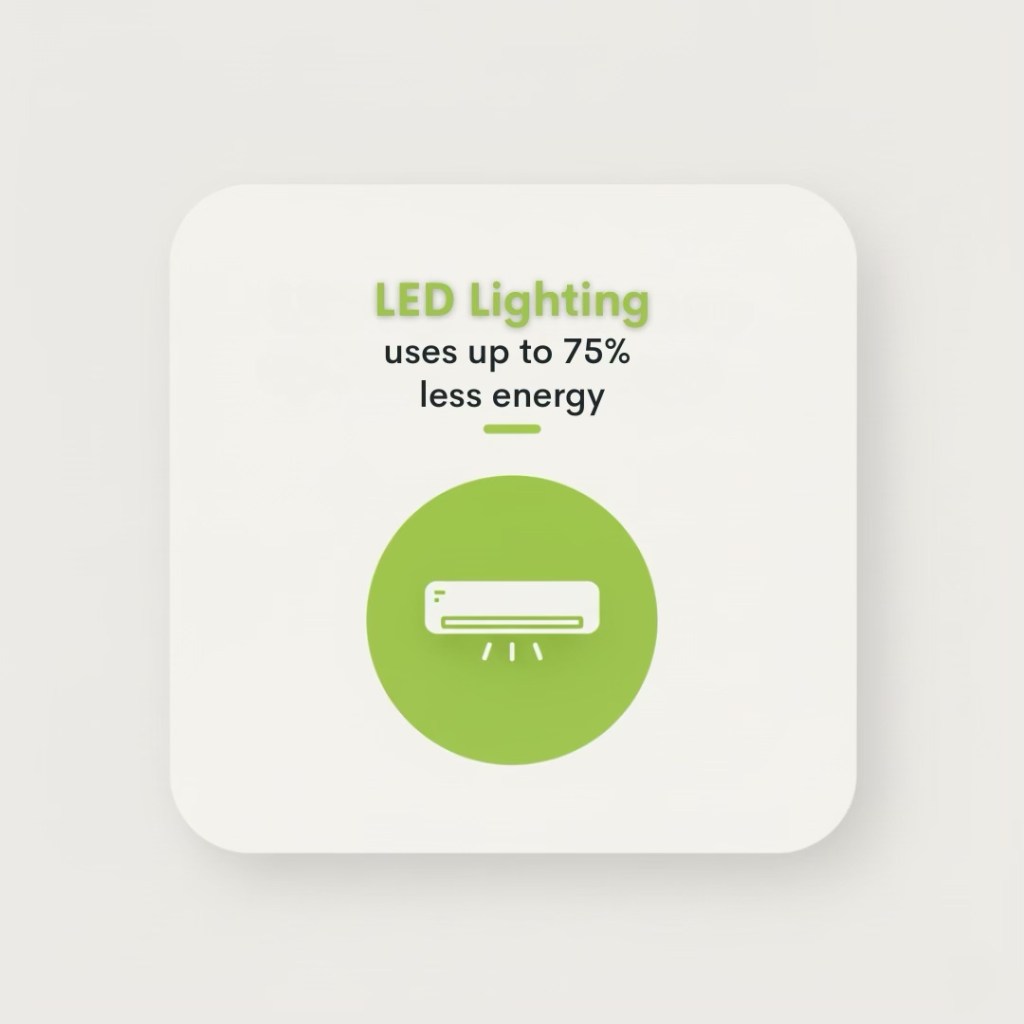 Graphic promoting LED lighting and its energy efficiency, stating it uses up to 75% less energy, featuring an icon of an air conditioning unit.