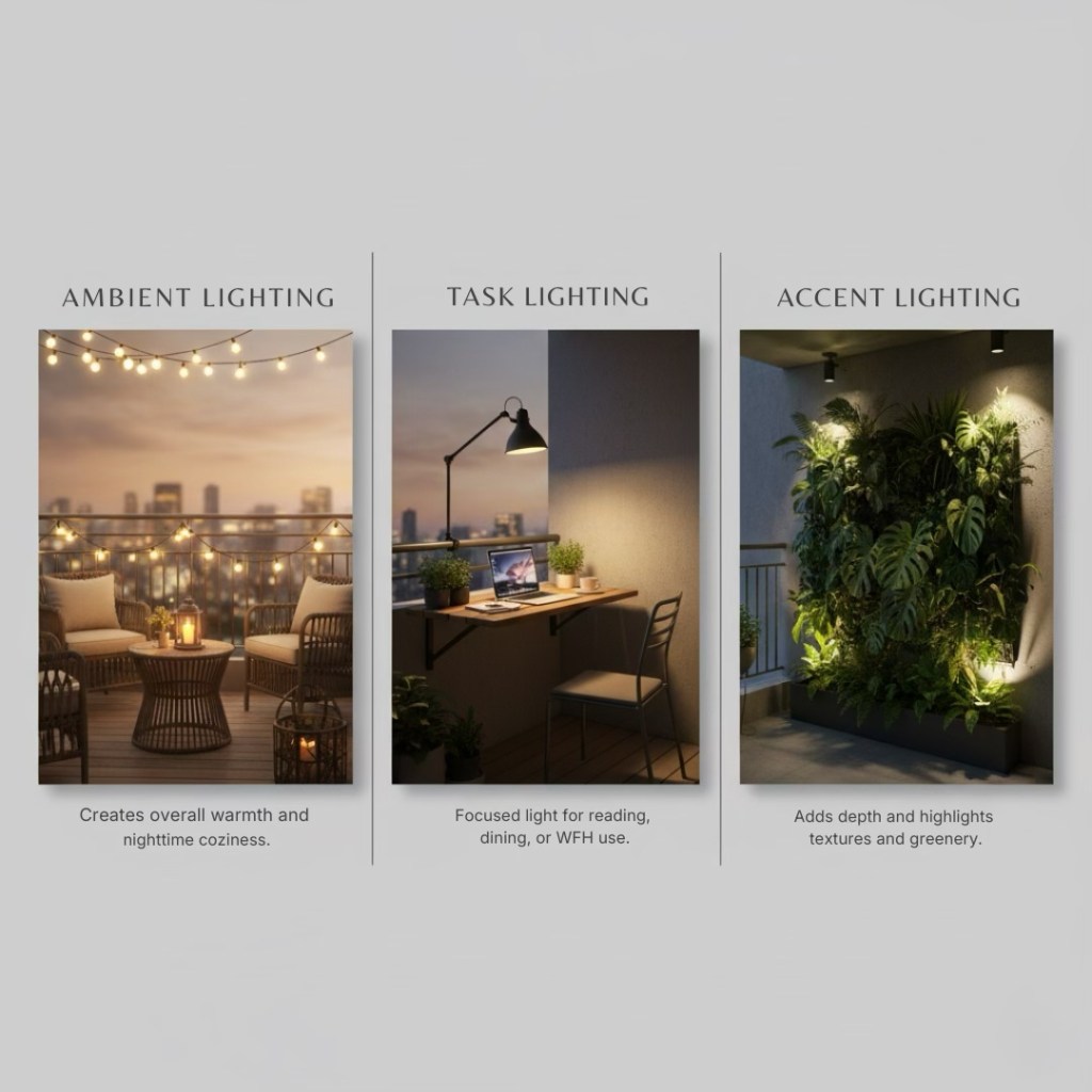 Three images showcasing different types of lighting: ambient lighting with string lights on a cozy balcony, task lighting with a desk lamp illuminating a workspace, and accent lighting highlighting a green wall.