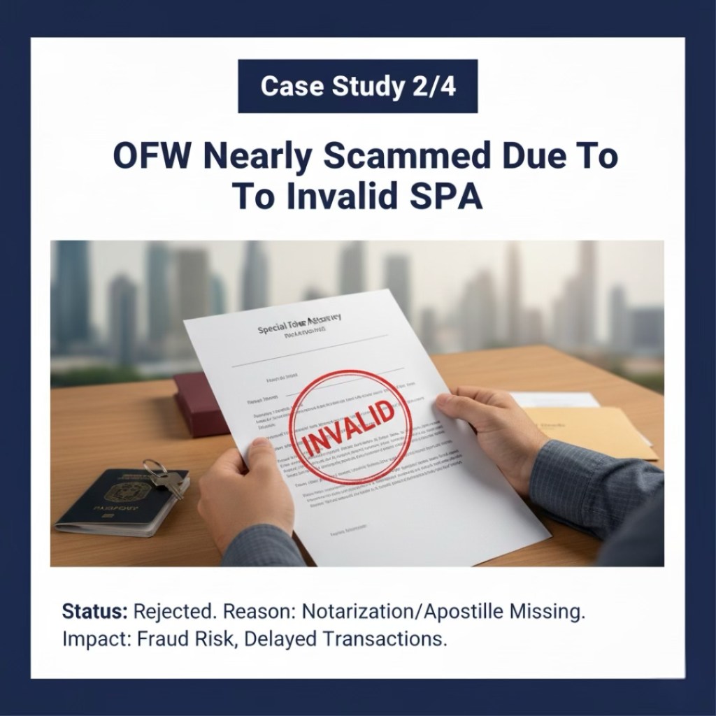 A close-up of a person's hands holding a Special Power of Attorney document stamped with 'INVALID' in red, alongside a passport and papers on a table. The background shows a cityscape.