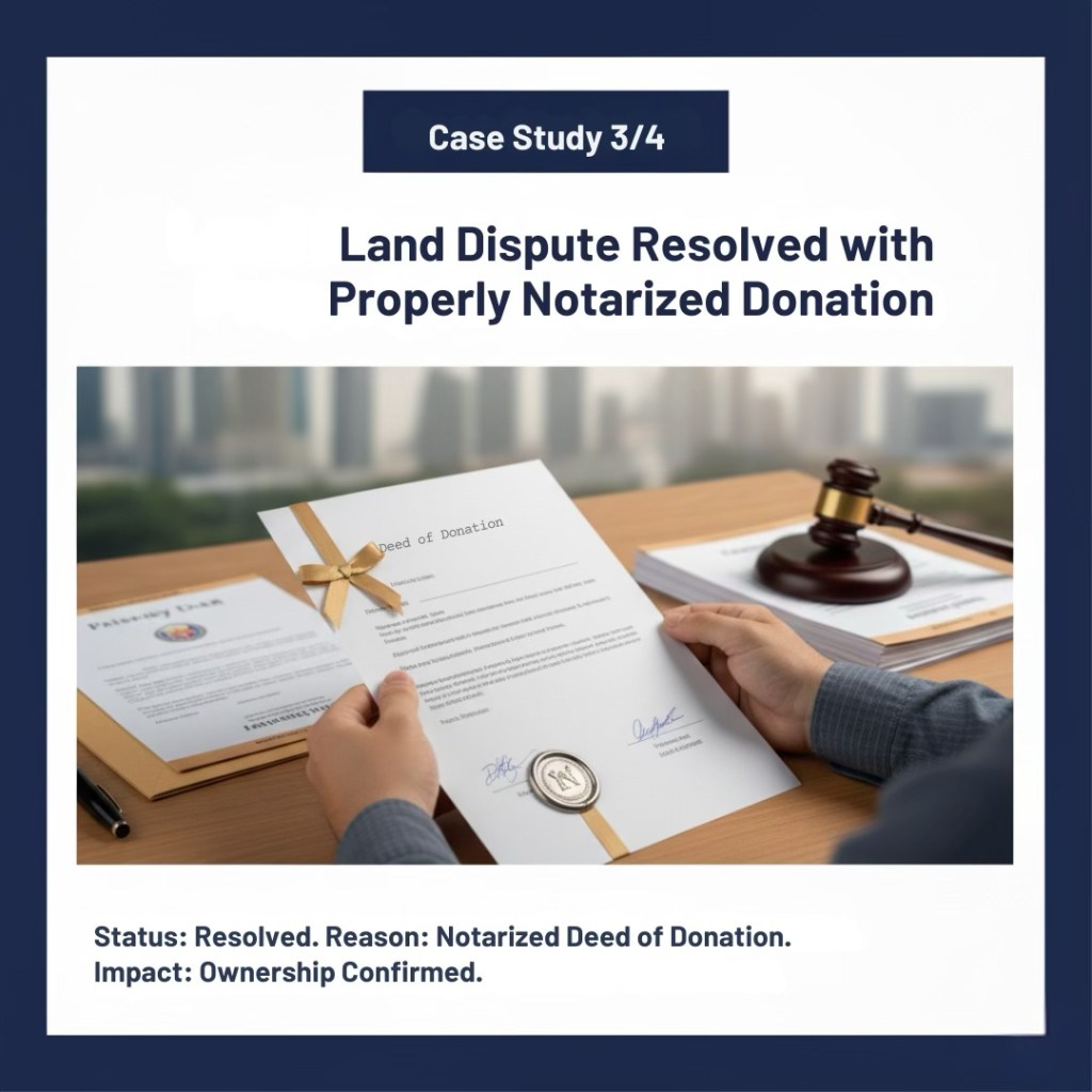 A hand holding a notarized document titled 'Deed of Donation,' with a notary seal. The background features legal paperwork and a gavel, symbolizing resolution in a land dispute.