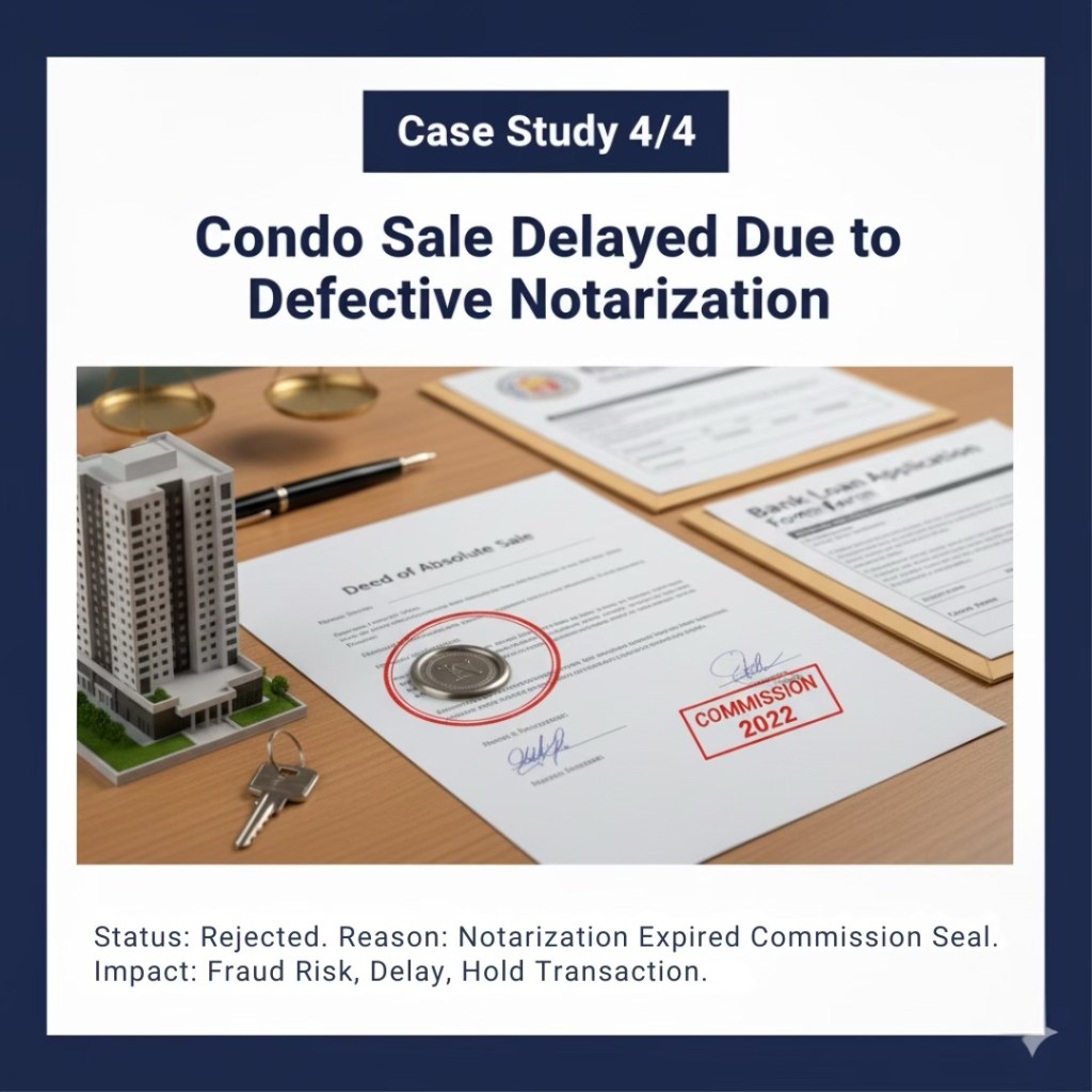 Image depicting a 'Deed of Absolute Sale' document with a circular seal marked 'COMMISSION 2022', a model of a condominium building, and a set of keys on a desk. The text notes the status as 'Rejected' due to expired notarization, with implications for fraud risk and transaction delays.