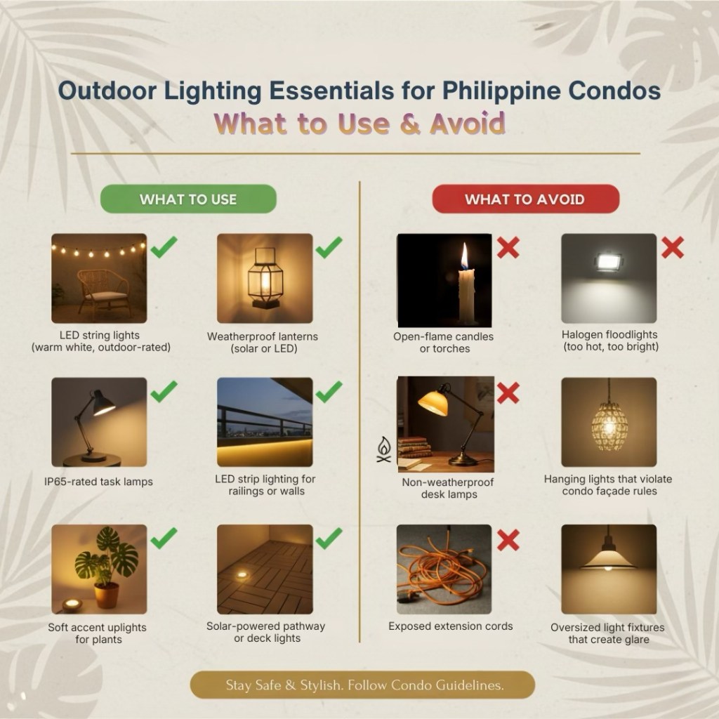 Infographic showing outdoor lighting essentials for Philippine condos, detailing recommended lighting options on the left and lighting options to avoid on the right.