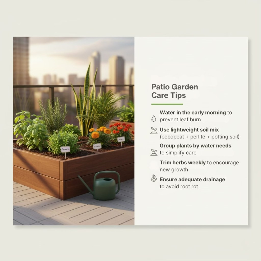 Image of a patio garden bed with various plants including herbs and flowers, accompanied by care tips for watering, soil mix, plant grouping, herb trimming, and drainage.