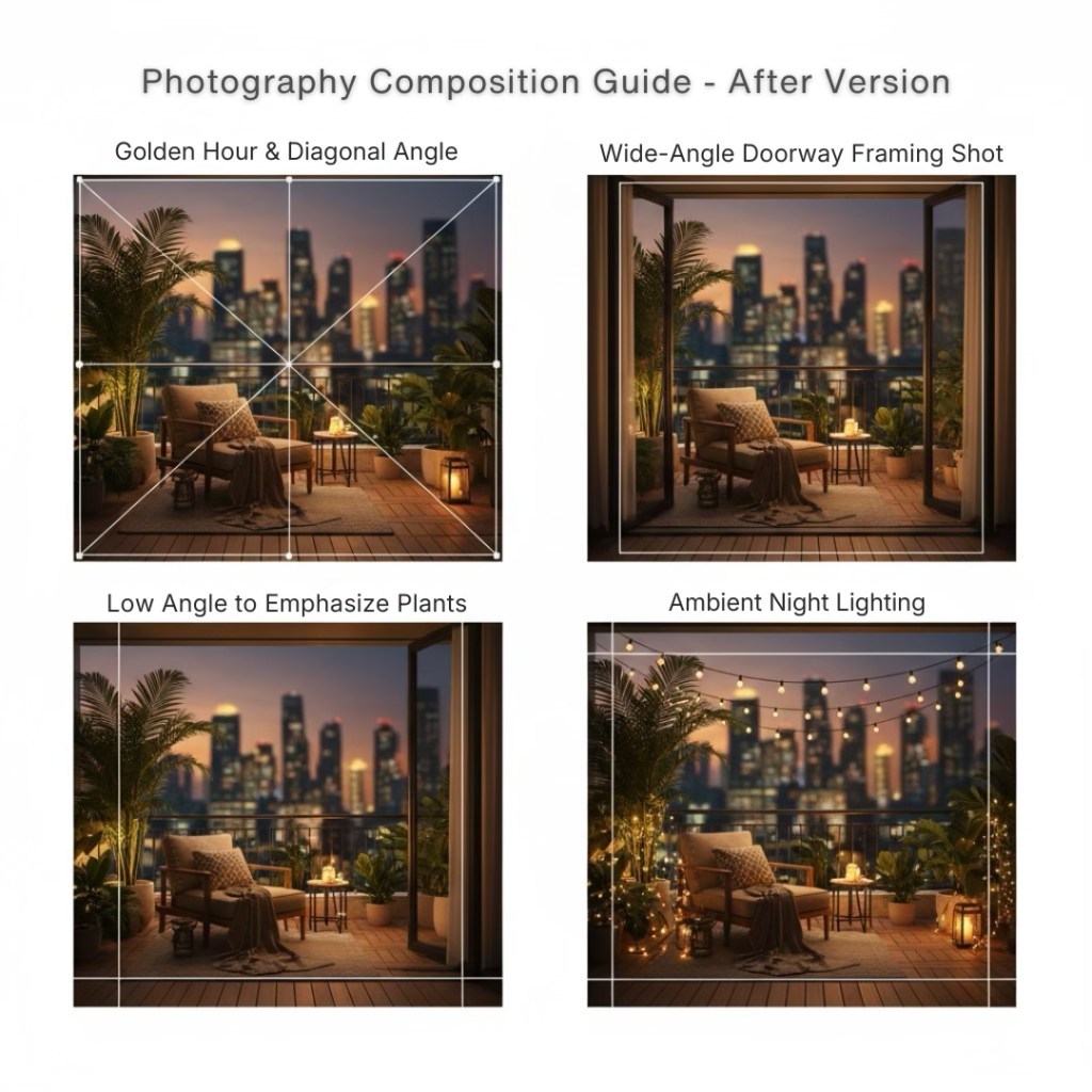 Photography composition guide showcasing four styles: Golden Hour & Diagonal Angle, Wide-Angle Doorway Framing, Low Angle to Emphasize Plants, and Ambient Night Lighting.