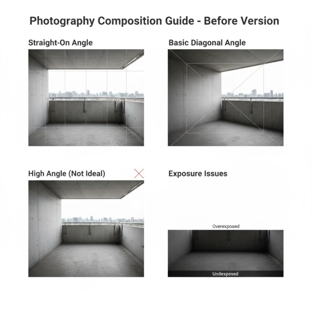 A photography composition guide displaying four images: Straight-On Angle, Basic Diagonal Angle, High Angle (Not Ideal), and Exposure Issues with indications of overexposed and underexposed areas.