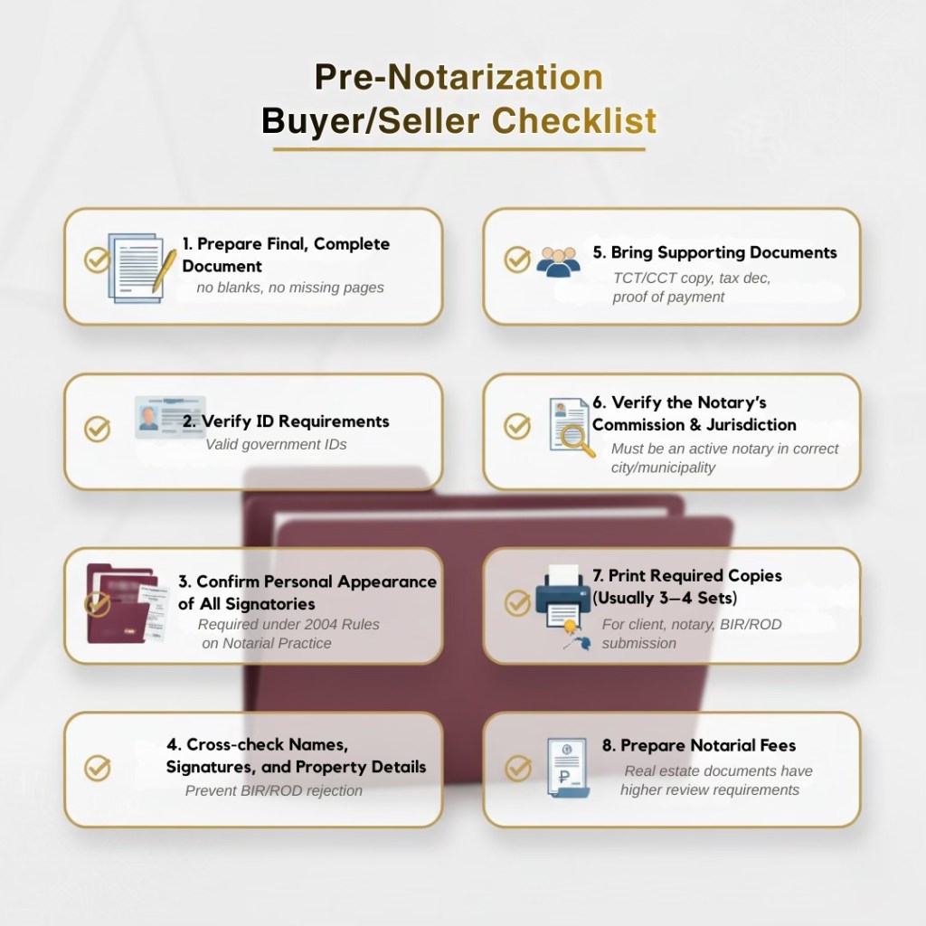 A checklist for pre-notarization steps for buyers and sellers, detailing the necessary preparations like verifying IDs, confirming personal appearances, and ensuring supporting documents are complete for successful notarization.