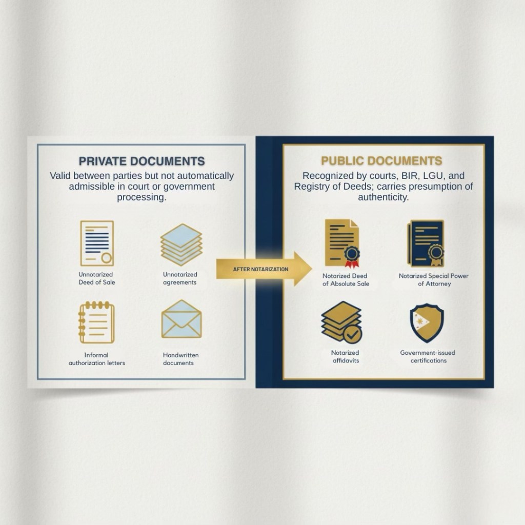 Infographic explaining the difference between private and public documents in the context of notarization. It shows that private documents are valid between parties but not automatically admissible in court or government processing, while public documents, like notarized deeds, carry a presumption of authenticity and are recognized by courts and government agencies.