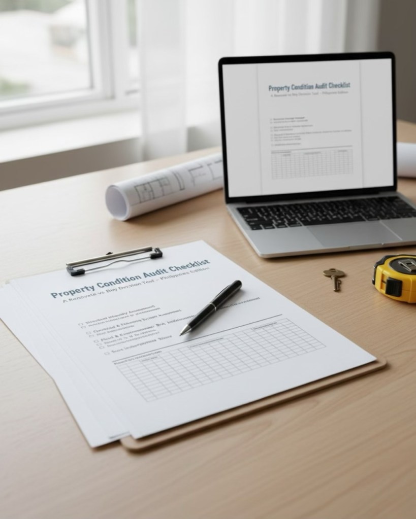 A property condition audit checklist displayed on a desk with a laptop, pen, keys, and rolled-up plans, providing a practical overview for homeowners.
