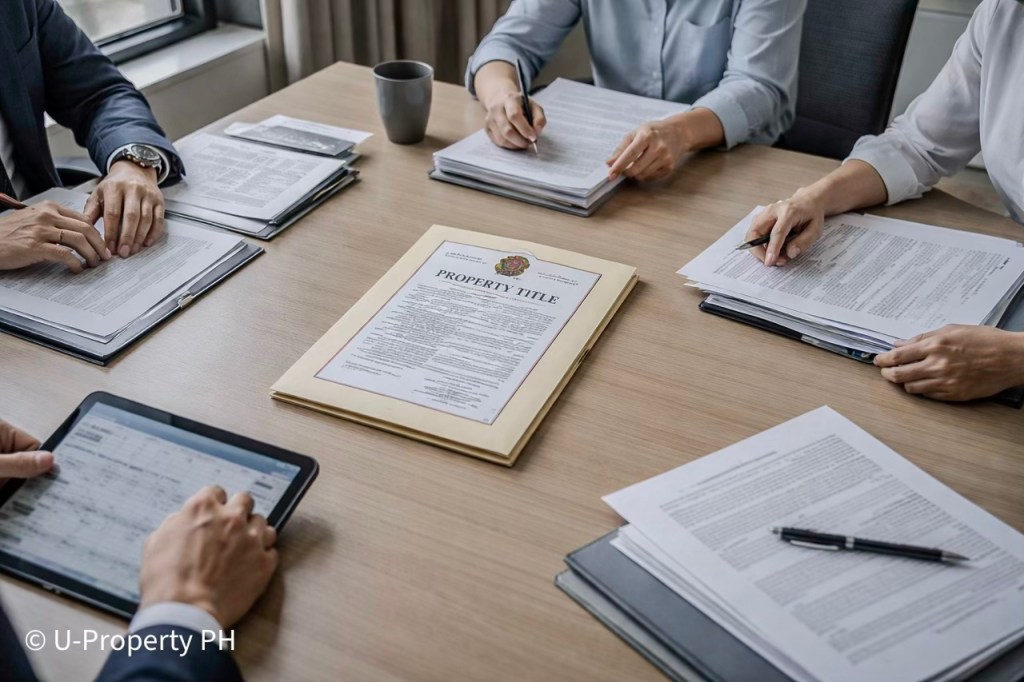 A group of individuals gathered around a table with paperwork, discussing a property title document. One person is holding a tablet, while others are reviewing various documents.