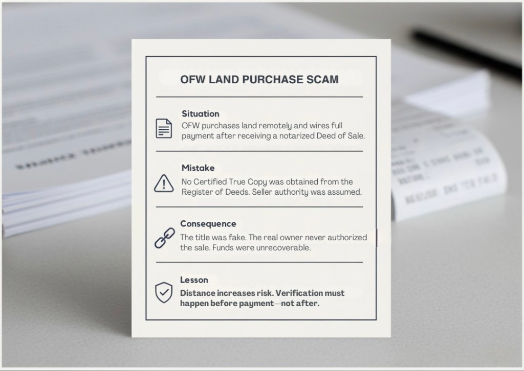 A printed summary card detailing the OFW land purchase scam, highlighting situation, mistakes, consequences, and lessons learned, with a blurred background of papers.