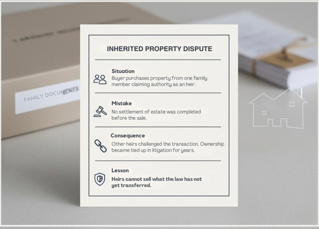 A document outlining an inherited property dispute with sections detailing the situation, mistake, consequence, and lesson related to property ownership, placed next to a stack of family documents.