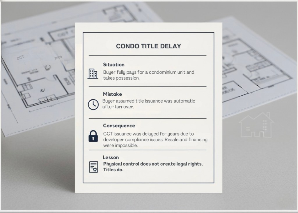 A document titled 'CONDO TITLE DELAY' outlining the situation, mistake, consequence, and lesson regarding condominium unit title issuance, with a blueprint of a condominium in the background.