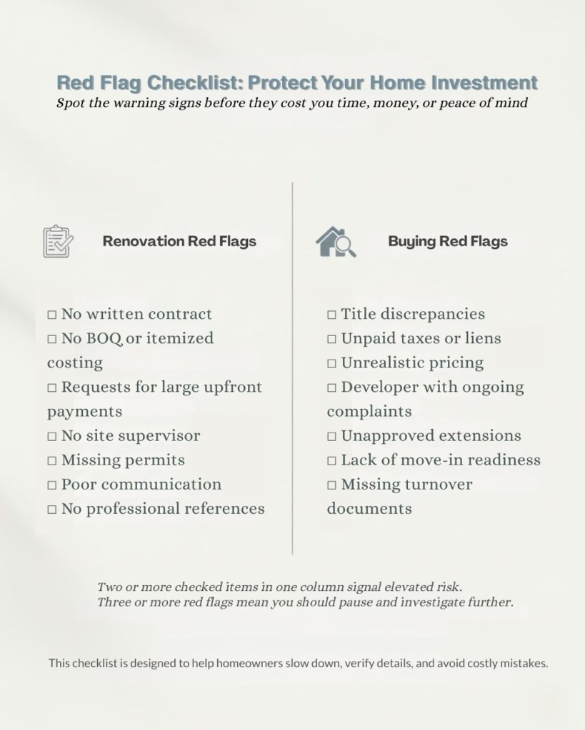 A visual checklist highlighting red flags for homeowners in renovation and buying scenarios, emphasizing the importance of spotting warning signs to protect investments.